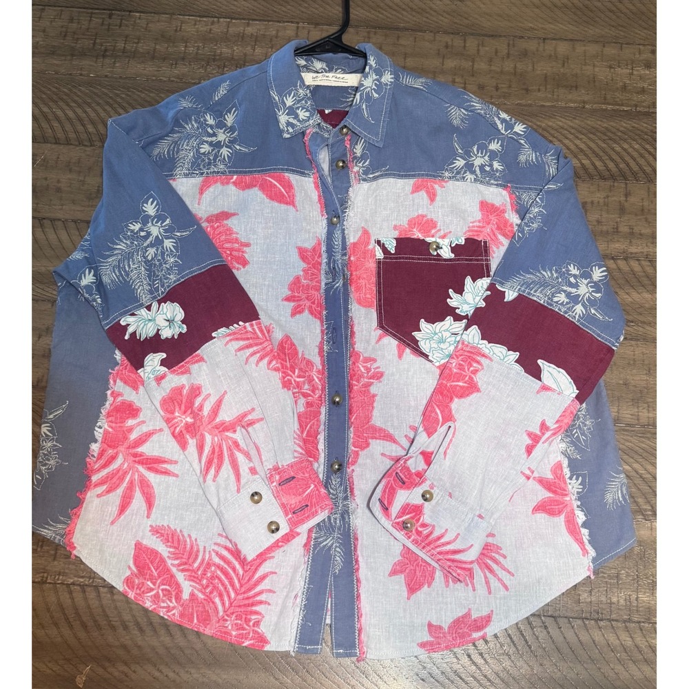 We The Free Free People Floral Patchwork Linen Blend Button Down Shirt Small